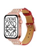 For Apple Watch Series 10 42mm / 9 8 7 41mm / 6 5 4 SE SE (2022) SE (2023) 40mm / 3 2 1 38mm Genuine Leather Pearl Rhinestone Decor Watch Band Wrist Strap - Red