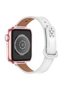 For Apple Watch Series 10 42mm / 9 8 7 41mm / 6 5 4 SE SE (2022) SE (2023) 40mm / 3 2 1 38mm Genuine Leather Watch Strap Double Rivet Replacement Wrist Band, Rose Gold Connector - White