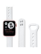 For Apple Watch Series 10 42mm / 9 8 7 41mm / 6 5 4 SE SE (2022) SE (2023) 40mm / 3 2 1 38mm Genuine Leather Watch Strap Double Rivet Replacement Wrist Band, Rose Gold Connector - White