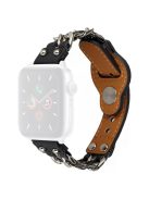 For Apple Watch Series 10 42mm / 9 8 7 41mm / 6 5 4 SE SE (2022) SE (2023) 40mm / 3 2 1 38mm Metal Chain Watch Band Top Layer Cowhide Leather Replacement Wrist Strap - Black