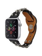 For Apple Watch Series 10 42mm / 9 8 7 41mm / 6 5 4 SE SE (2022) SE (2023) 40mm / 3 2 1 38mm Metal Chain Watch Band Top Layer Cowhide Leather Replacement Wrist Strap - Black