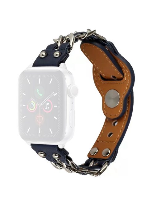 For Apple Watch Series 10 42mm / 9 8 7 41mm / 6 5 4 SE SE (2022) SE (2023) 40mm / 3 2 1 38mm Metal Chain Watch Band Top Layer Cowhide Leather Replacement Wrist Strap - Blue