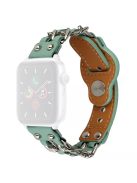 For Apple Watch Series 10 42mm / 9 8 7 41mm / 6 5 4 SE SE (2022) SE (2023) 40mm / 3 2 1 38mm Metal Chain Watch Band Top Layer Cowhide Leather Replacement Wrist Strap - Light Green