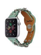 For Apple Watch Series 10 42mm / 9 8 7 41mm / 6 5 4 SE SE (2022) SE (2023) 40mm / 3 2 1 38mm Metal Chain Watch Band Top Layer Cowhide Leather Replacement Wrist Strap - Light Green