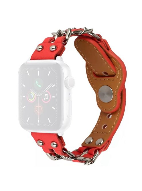 For Apple Watch Series 10 42mm / 9 8 7 41mm / 6 5 4 SE SE (2022) SE (2023) 40mm / 3 2 1 38mm Metal Chain Watch Band Top Layer Cowhide Leather Replacement Wrist Strap - Pink