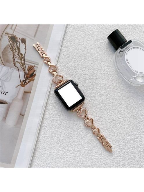 For Apple Watch Series 10 42mm / 9 8 7 41mm / 6 5 4 SE SE (2022) SE (2023) 40mm / 3 2 1 38mm Metal Heart Rhinestone Decor Smart Watch Band Bracelet Wrist Strap - Rose Gold