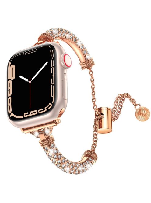 For Apple Watch Series 10 42mm / 9 8 7 41mm / 6 5 4 SE SE (2022) SE (2023) 40mm / 3 2 1 38mm Metal Stretch Jewelry Watch Strap Rhinestone Decorated Wristband for Women Girls - Rose Gold