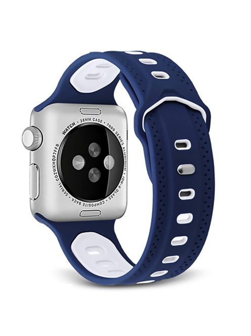 For Apple Watch Series 10 42mm / 9 8 7 41mm / 6 5 4 SE SE (2022) SE (2023) 40mm / 3 2 1 38mm Press Buckle Design Silicone Smartwatch Band Replacement Wrist Strap - Blue / White