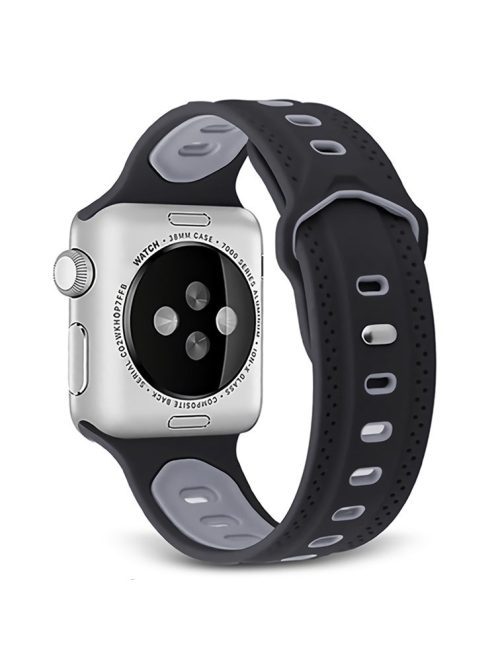 For Apple Watch Series 10 42mm / 9 8 7 41mm / 6 5 4 SE SE (2022) SE (2023) 40mm / 3 2 1 38mm Press Buckle Design Silicone Smartwatch Band Replacement Wrist Strap - Grey / Black