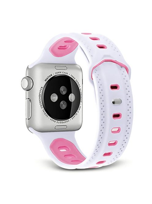 For Apple Watch Series 10 42mm / 9 8 7 41mm / 6 5 4 SE SE (2022) SE (2023) 40mm / 3 2 1 38mm Press Buckle Design Silicone Smartwatch Band Replacement Wrist Strap - White / Pink