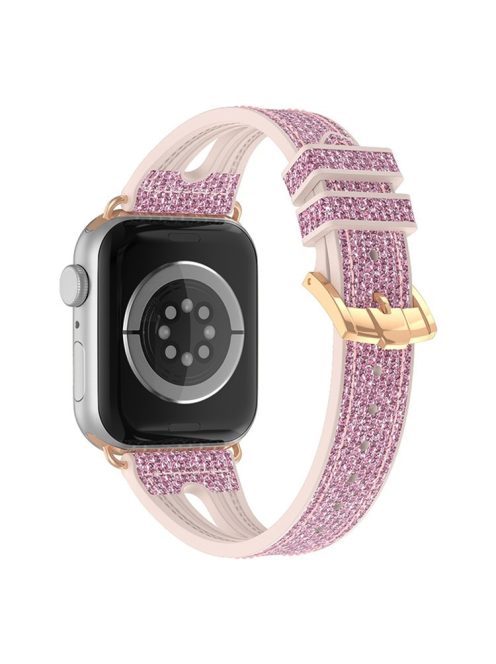 For Apple Watch Series 10 42mm / 9 8 7 41mm / 6 5 4 SE SE (2022) SE (2023) 40mm / 3 2 1 38mm Replacement Watch Band Silicone + Glitter Leather Watch Strap Adjustable Wristband - Pink