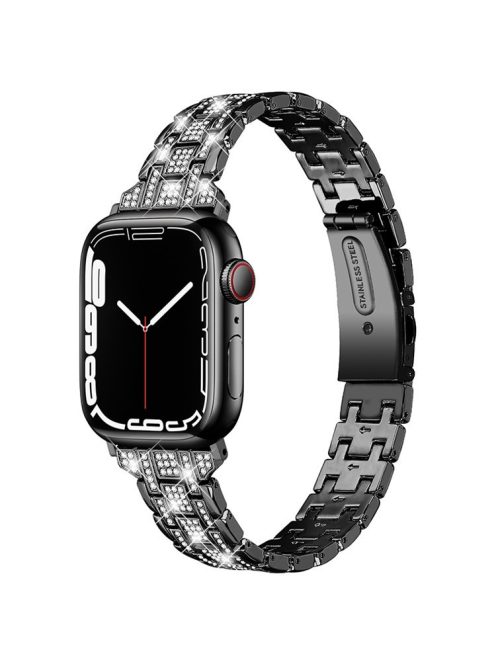 For Apple Watch Series 10 42mm / 9 8 7 41mm / 6 5 4 SE SE (2022) SE (2023) 40mm / 3 2 1 38mm Rhinestone + Stainless Steel 5 Rows Watch Band Double Buckle Wrist Strap - Black