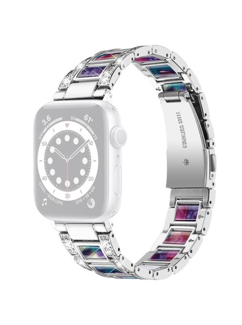 For Apple Watch Series 10 42mm / 9 8 7 41mm / 6 5 4 SE SE (2022) SE (2023) 40mm / 3 2 1 38mm Rhinestones Resin Wristband Stainless Steel Bracelet Replacement - Silver / Purple Green Mix