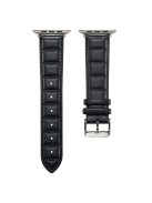 For Apple Watch Series 10 42mm / 9 8 7 41mm / 6 5 4 SE SE (2022) SE (2023) 40mm / 3 2 1 38mm Square Imprinted Texture Genuine Leather Replacement Strap Wrist Band - Black