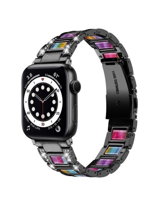 For Apple Watch Series 10 42mm / 9 8 7 41mm / 6 5 4 SE SE (2022) SE (2023) 40mm / 3 2 1 38mm Stainless Steel Resin Watch Band Rhinestone Decor Wrist Strap - Black / Colorful