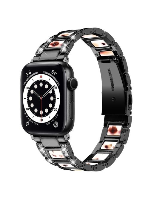 For Apple Watch Series 10 42mm / 9 8 7 41mm / 6 5 4 SE SE (2022) SE (2023) 40mm / 3 2 1 38mm Stainless Steel Resin Watch Band Rhinestone Decor Wrist Strap - Black / Nougat Pattern