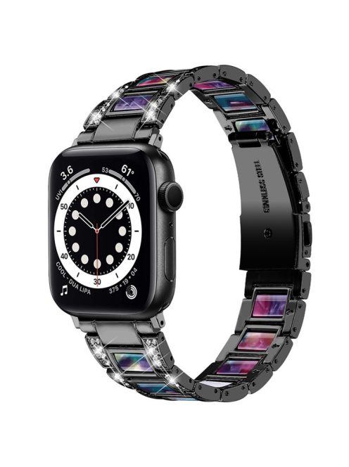 For Apple Watch Series 10 42mm / 9 8 7 41mm / 6 5 4 SE SE (2022) SE (2023) 40mm / 3 2 1 38mm Stainless Steel Resin Watch Band Rhinestone Decor Wrist Strap - Black / Purple Green Mix