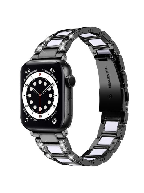 For Apple Watch Series 10 42mm / 9 8 7 41mm / 6 5 4 SE SE (2022) SE (2023) 40mm / 3 2 1 38mm Stainless Steel Resin Watch Band Rhinestone Decor Wrist Strap - Black / White