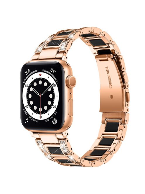 For Apple Watch Series 10 42mm / 9 8 7 41mm / 6 5 4 SE SE (2022) SE (2023) 40mm / 3 2 1 38mm Stainless Steel Resin Watch Band Rhinestone Decor Wrist Strap - Rose Gold / Black