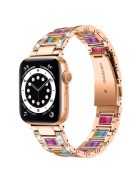 For Apple Watch Series 10 42mm / 9 8 7 41mm / 6 5 4 SE SE (2022) SE (2023) 40mm / 3 2 1 38mm Stainless Steel Resin Watch Band Rhinestone Decor Wrist Strap - Rose Gold / Colorful