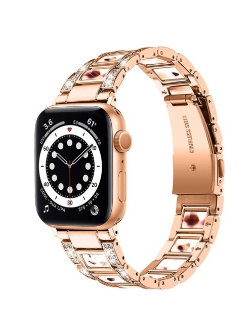 For Apple Watch Series 10 42mm / 9 8 7 41mm / 6 5 4 SE SE (2022) SE (2023) 40mm / 3 2 1 38mm Stainless Steel Resin Watch Band Rhinestone Decor Wrist Strap - Rose Gold / Nougat Pattern