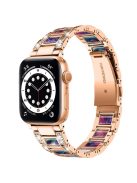 For Apple Watch Series 10 42mm / 9 8 7 41mm / 6 5 4 SE SE (2022) SE (2023) 40mm / 3 2 1 38mm Stainless Steel Resin Watch Band Rhinestone Decor Wrist Strap - Rose Gold / Purple Green Mix