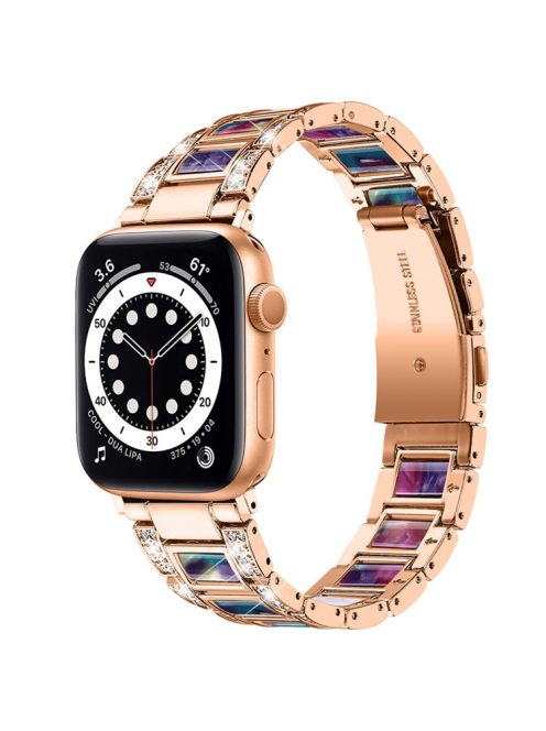 For Apple Watch Series 10 42mm / 9 8 7 41mm / 6 5 4 SE SE (2022) SE (2023) 40mm / 3 2 1 38mm Stainless Steel Resin Watch Band Rhinestone Decor Wrist Strap - Rose Gold / Purple Green Mix