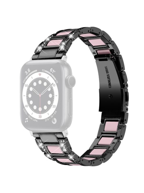 For Apple Watch Series 10 42mm / 9 8 7 41mm / 6 5 4 SE SE (2022) SE (2023) 40mm / 3 2 1 38mm Stainless Steel Watch Band Bling Rhinestone Resin Bracelet Strap Replacement - Black / Pink