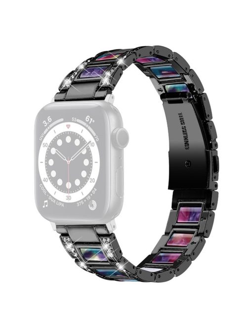 For Apple Watch Series 10 42mm / 9 8 7 41mm / 6 5 4 SE SE (2022) SE (2023) 40mm / 3 2 1 38mm Stainless Steel Watch Band Bling Rhinestone Resin Bracelet Strap Replacement - Black / Purple Green Mix