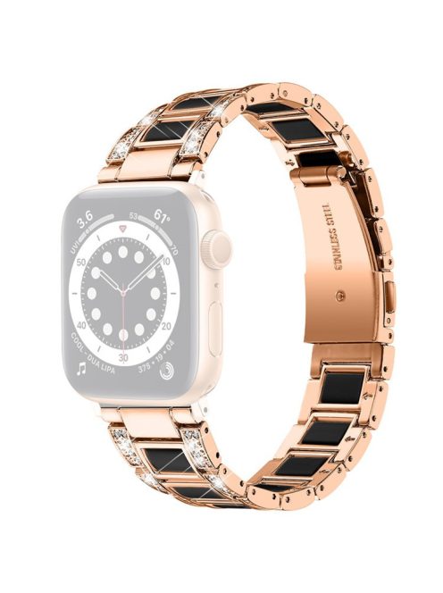 For Apple Watch Series 10 42mm / 9 8 7 41mm / 6 5 4 SE SE (2022) SE (2023) 40mm / 3 2 1 38mm Stainless Steel Watch Band Bling Rhinestone Resin Bracelet Strap Replacement - Rose Gold / Black