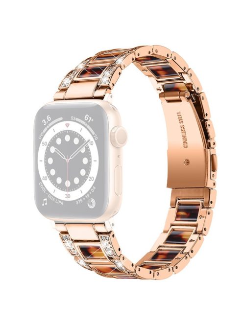 For Apple Watch Series 10 42mm / 9 8 7 41mm / 6 5 4 SE SE (2022) SE (2023) 40mm / 3 2 1 38mm Stainless Steel Watch Band Bling Rhinestone Resin Bracelet Strap Replacement - Rose Gold / Tortoiseshell Color