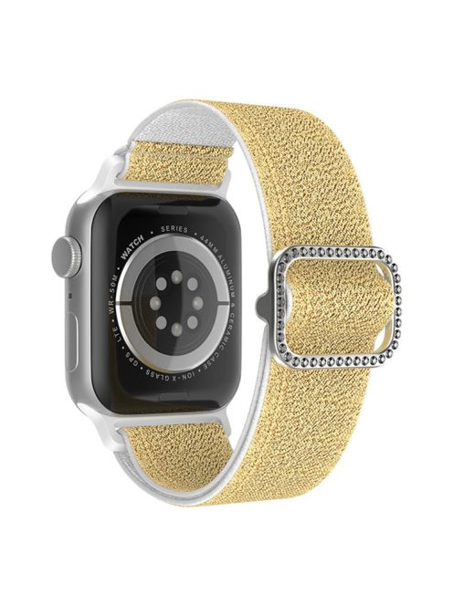 For Apple Watch Series 10 42mm / 9 8 7 41mm / 6 5 4 SE SE (2022) SE (2023) 40mm / 3 2 1 38mm Stitching Watch Strap Glitter Nylon Wrist Band with Rhinestone Decor Buckle - Gold / White