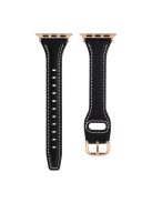 For Apple Watch Series 10 42mm / 9 8 7 41mm / 6 5 4 SE SE (2022) SE (2023) 40mm / 3 2 1 38mm T-Shaped Watch Strap Genuine Leather Wrist Band - Black / Rose Gold Buckle