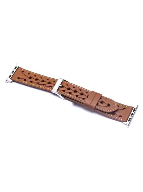 For Apple Watch Series 10 42mm / 9 8 7 41mm / 6 5 4 SE SE (2022) SE (2023) 40mm / 3 2 1 38mm V-Shaped Woven Watch Strap Genuine Leather Wrist Band - Brown