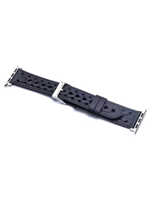 For Apple Watch Series 10 42mm / 9 8 7 41mm / 6 5 4 SE SE (2022) SE (2023) 40mm / 3 2 1 38mm V-Shaped Woven Watch Strap Genuine Leather Wrist Band - Midnight Blue