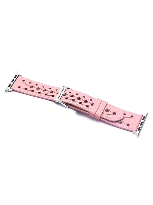 For Apple Watch Series 10 42mm / 9 8 7 41mm / 6 5 4 SE SE (2022) SE (2023) 40mm / 3 2 1 38mm V-Shaped Woven Watch Strap Genuine Leather Wrist Band - Pink