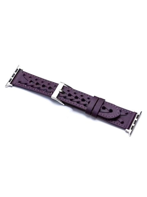 For Apple Watch Series 10 42mm / 9 8 7 41mm / 6 5 4 SE SE (2022) SE (2023) 40mm / 3 2 1 38mm V-Shaped Woven Watch Strap Genuine Leather Wrist Band - Purple