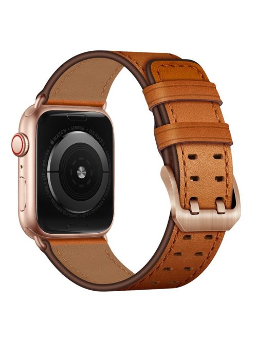 For Apple Watch Series 10 42mm / 9 8 7 41mm / 6 5 4 SE SE (2022) SE (2023) 40mm / 3 2 1 38mm Watch Band Genuine Leather Strap with Stainless Steel Buckle Clasp - Brown / Rose Gold Buckle