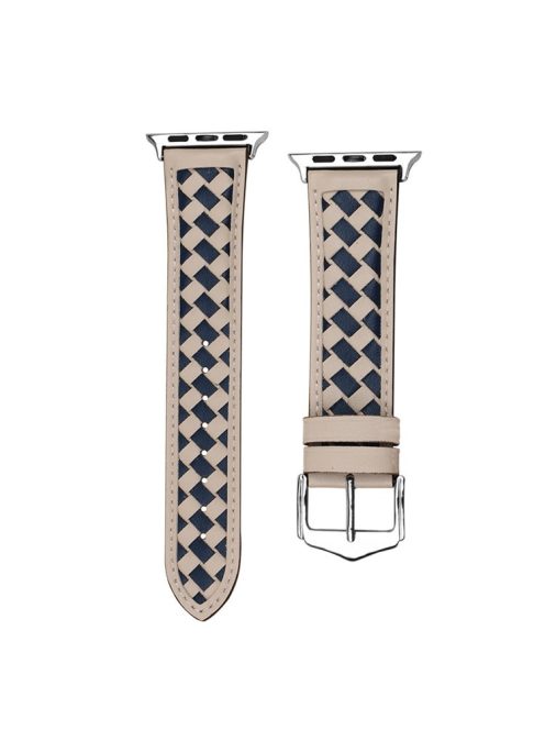 For Apple Watch Series 10 42mm / 9 8 7 41mm / 6 5 4 SE SE (2022) SE (2023) 40mm / 3 2 1 38mm Watch Strap Woven Genuine Leather Watch Band Quick Release Watchband with Buckle - Beige / Blue