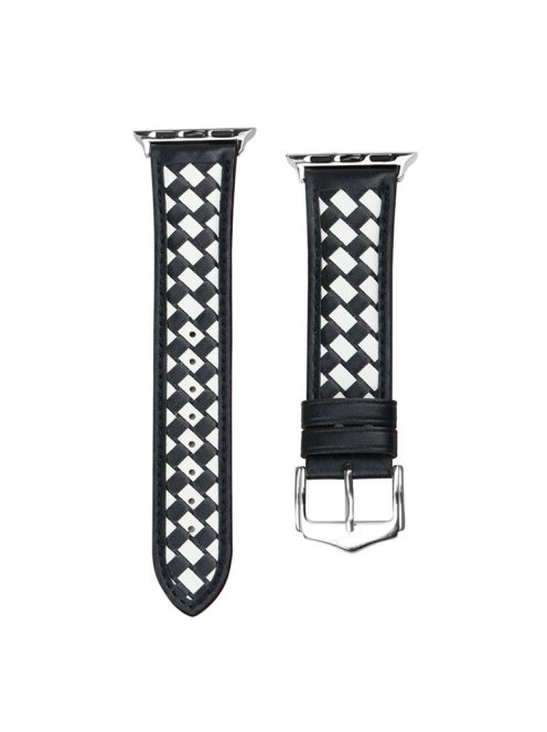 For Apple Watch Series 10 42mm / 9 8 7 41mm / 6 5 4 SE SE (2022) SE (2023) 40mm / 3 2 1 38mm Watch Strap Woven Genuine Leather Watch Band Quick Release Watchband with Buckle - Black / White