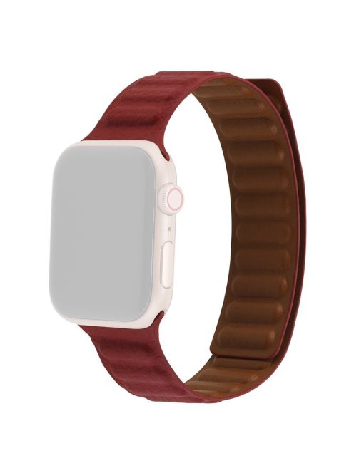 For Apple Watch Series 10 42mm / 9 8 7 41mm / 6 5 4 SE SE (2022) SE (2023) 40mm / 3 2 1 38mm, Genuine Leather Magnetic Watchband Replacement Watch Strap - Wine Red