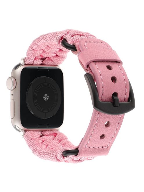 For Apple Watch Series 10 42mm / 9 8 7 41mm / SE (2023) SE (2022) SE 6 5 4 40mm / 3 2 1 38mm Braided Rope+Genuine Cow Leather Strap  - Pink