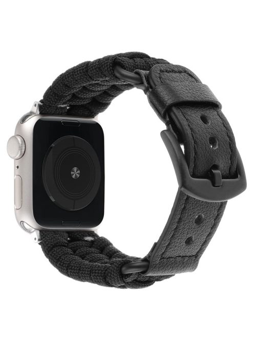 For Apple Watch Series 10 42mm / 9 8 7 41mm / SE (2023) SE (2022) SE 6 5 4 40mm / 3 2 1 38mm Braided Rope+Genuine Cow Leather Strap - Black