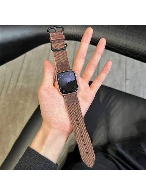 For Apple Watch Series 10 42mm / 9 8 7 41mm / SE (2023) SE (2022) SE 6 5 4 40mm / 3 2 1 38mm Canvas+Leather Watch Bands - Brown