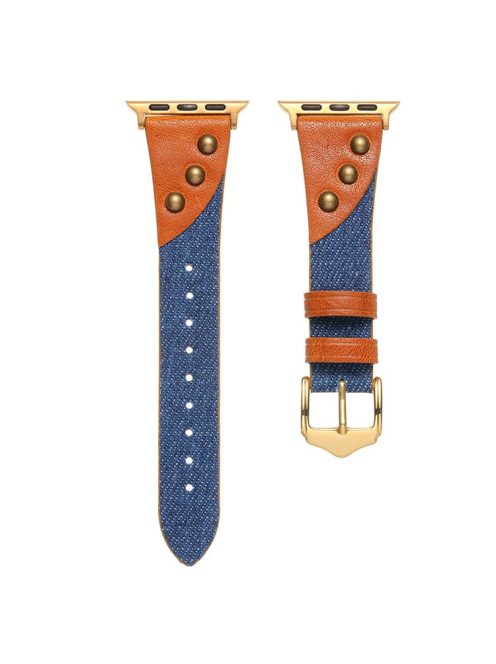 For Apple Watch Series 10 42mm / 9 8 7 41mm / SE (2023) SE (2022) SE 6 5 4 40mm / 3 2 1 38mm Denim+PU Leather Wrist Strap - Dark Blue+Brown