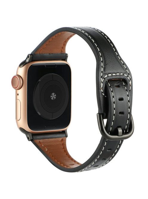 For Apple Watch Series 10 42mm / 9 8 7 41mm / SE (2023) SE (2022) SE 6 5 4 40mm / 3 2 1 38mm Genuine Cow Leather Strap - Black+Black Buckle