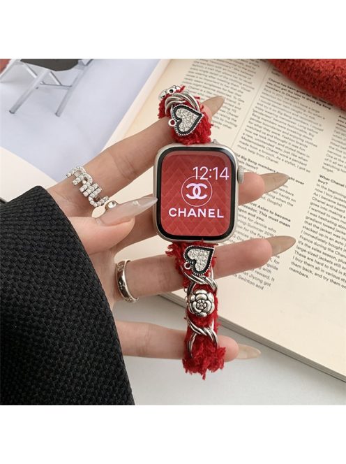 For Apple Watch Series 10 42mm / 9 8 7 41mm / SE (2023) SE (2022) SE 6 5 4 40mm / 3 2 1 38mm Plush Watch Band with Pendants - Red / Camellia