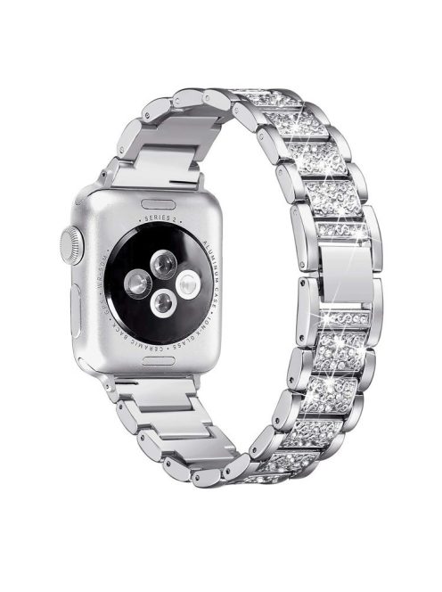 For Apple Watch Series 10 42mm / 9 8 7 41mm / SE (2023) SE (2022) SE 6 5 4 40mm / 3 2 1 38mm Rhinestone Decor Wrist Strap Stainless Steel Watch Band Replacement - Silver