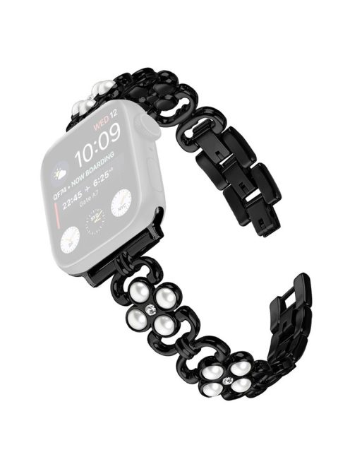 For Apple Watch Series 10 42mm / 9 8 7 41mm / SE (2023) SE (2022) SE 6 5 4 40mm / 3 2 1 38mm Stainless Steel Band Pearl Four Leaf Clover Watch Strap - Black