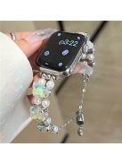 For Apple Watch Series 10 42mm / 9 8 7 41mm / SE (2023) SE (2022) SE 6 5 4 40mm / 3 2 1 38mm Strap Jewelry Bracelet - Laser Diamond+White Pearl / Elastic